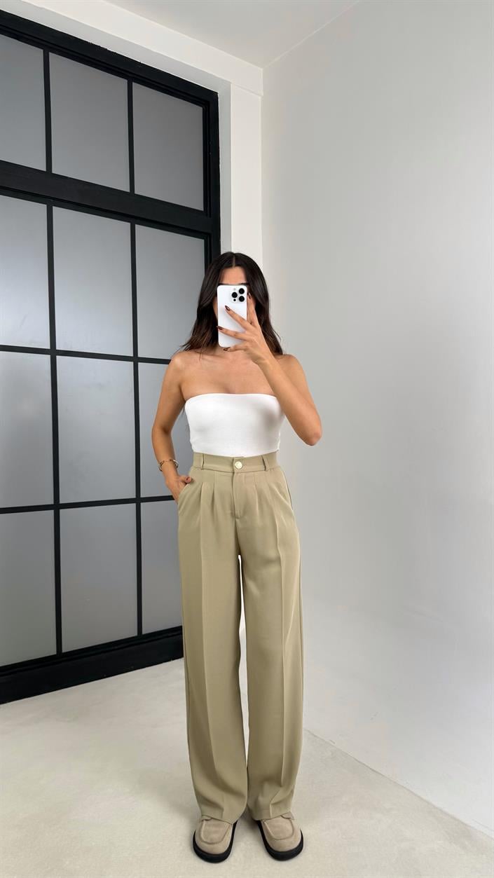 Yeşil Gold Düğmeli Beli Lastikli Premium Pantolon GAUS-00141