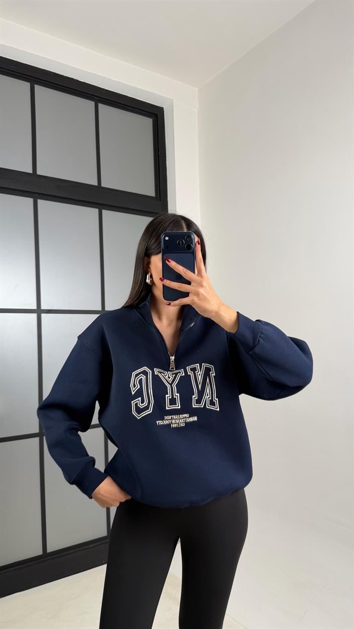 Lacivert Fermuarlı NYC Nakışlı Sweatshirt GAUS-00797
