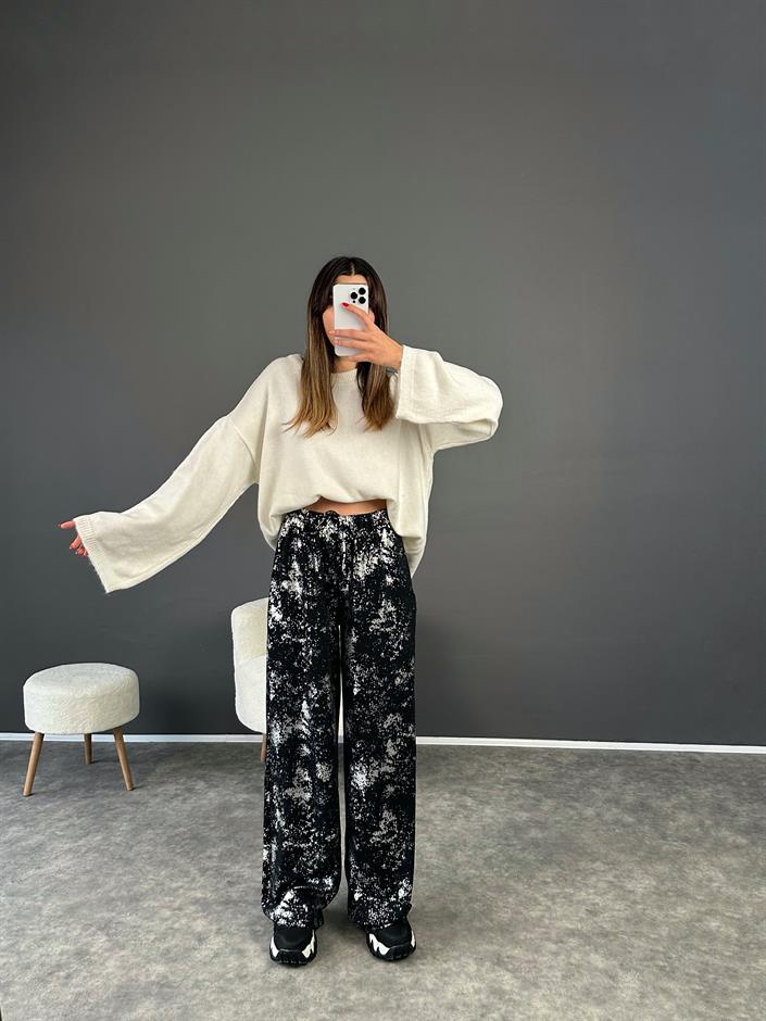 Siyah Varak Baskılı İp Bağlamalı Pantolon 