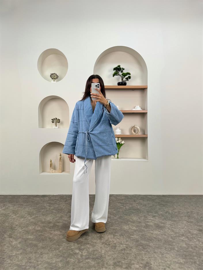 Rozi Mavi Astarlı Yandan Bağlamalı Denim Mont