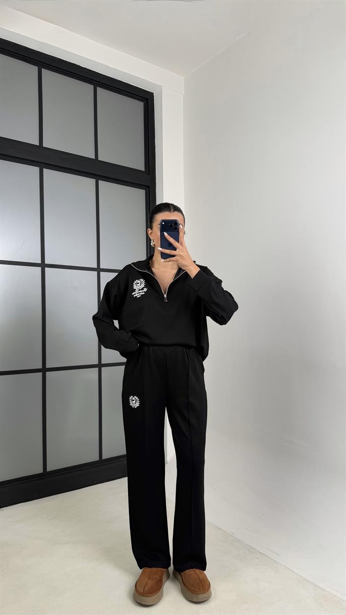 Siyah Fermuarlı Baskılı Sweatshirt Beli Lastikli Eşofman İkili Takım GAUS-00597