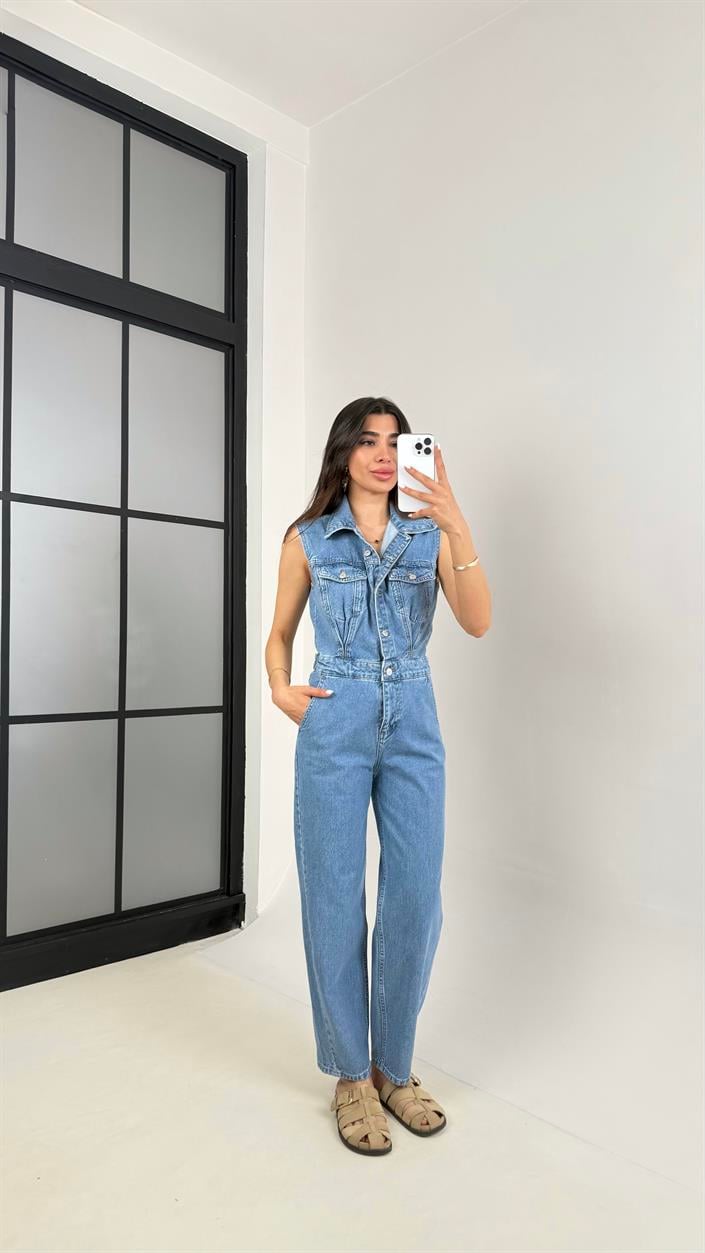 Mavi Sıfır Kol Önü Düğmeli ZR Muadil Denim Tulum Gaus00438