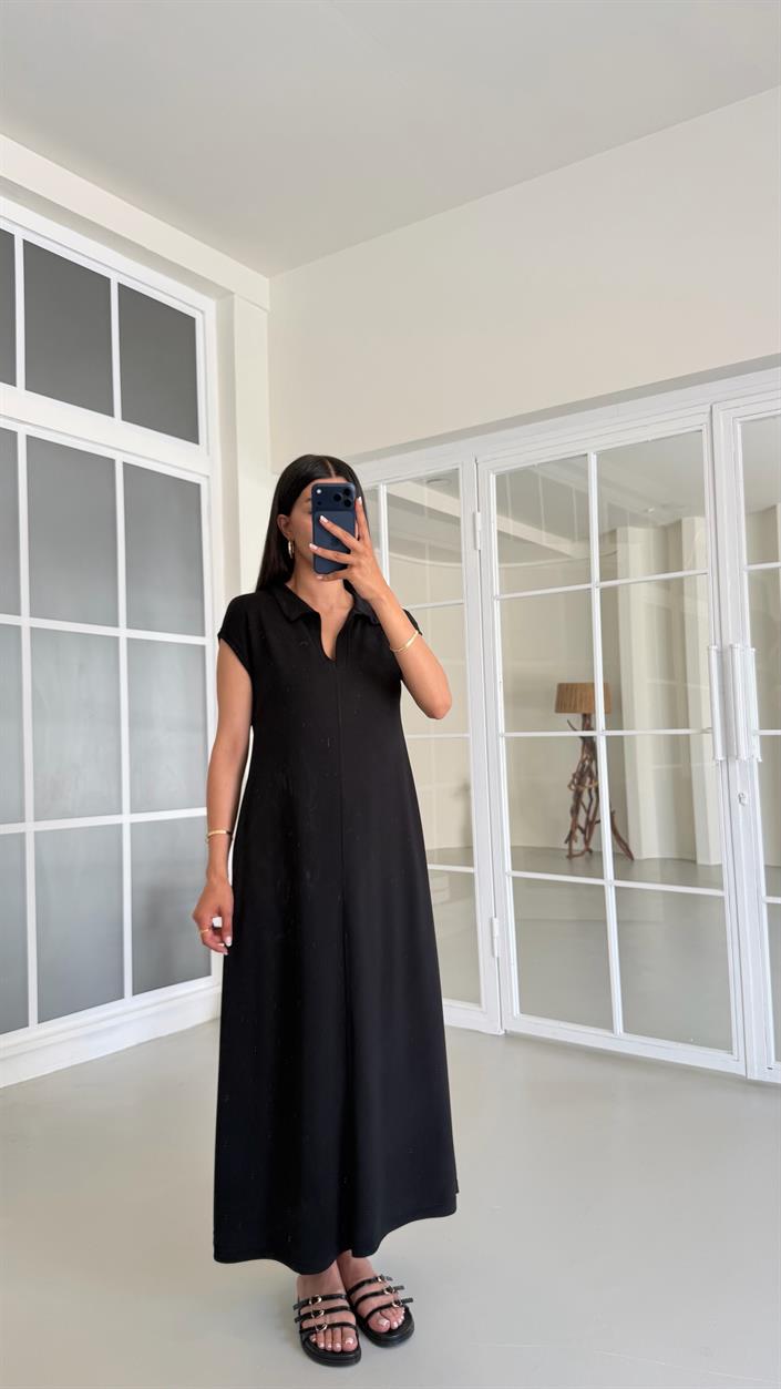 Siyah Polo Yaka Basic Modal Elbise GAUS-01542