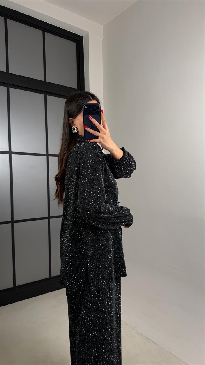 Siyah Taş Detaylı Gömlek Crop Beli Lastikli Pantolon Tasarım Takım GAUS-00919