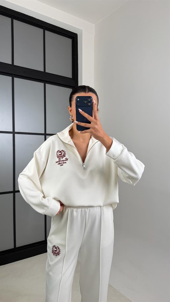 Beyaz Fermuarlı Baskılı Sweatshirt Beli Lastikli Eşofman İkili Takım GAUS-00597