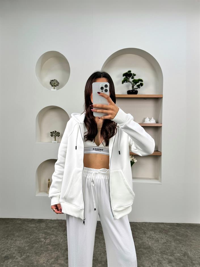 Khloe Beyaz Üç İplik Şardonlu Kapüşonlu Fermuarlı Sweatshirt