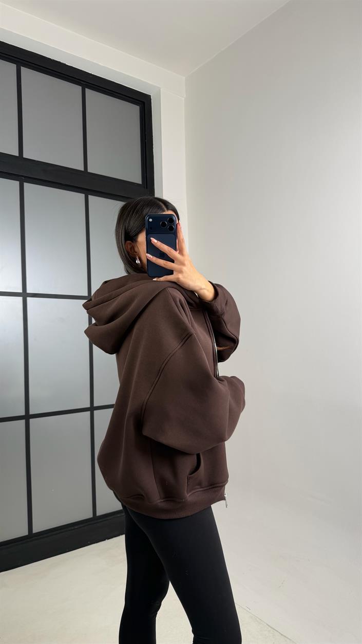 Acı Kahve Kapüşonlu Fermuarlı Şardonlu Sweatshirt GAUS-00828