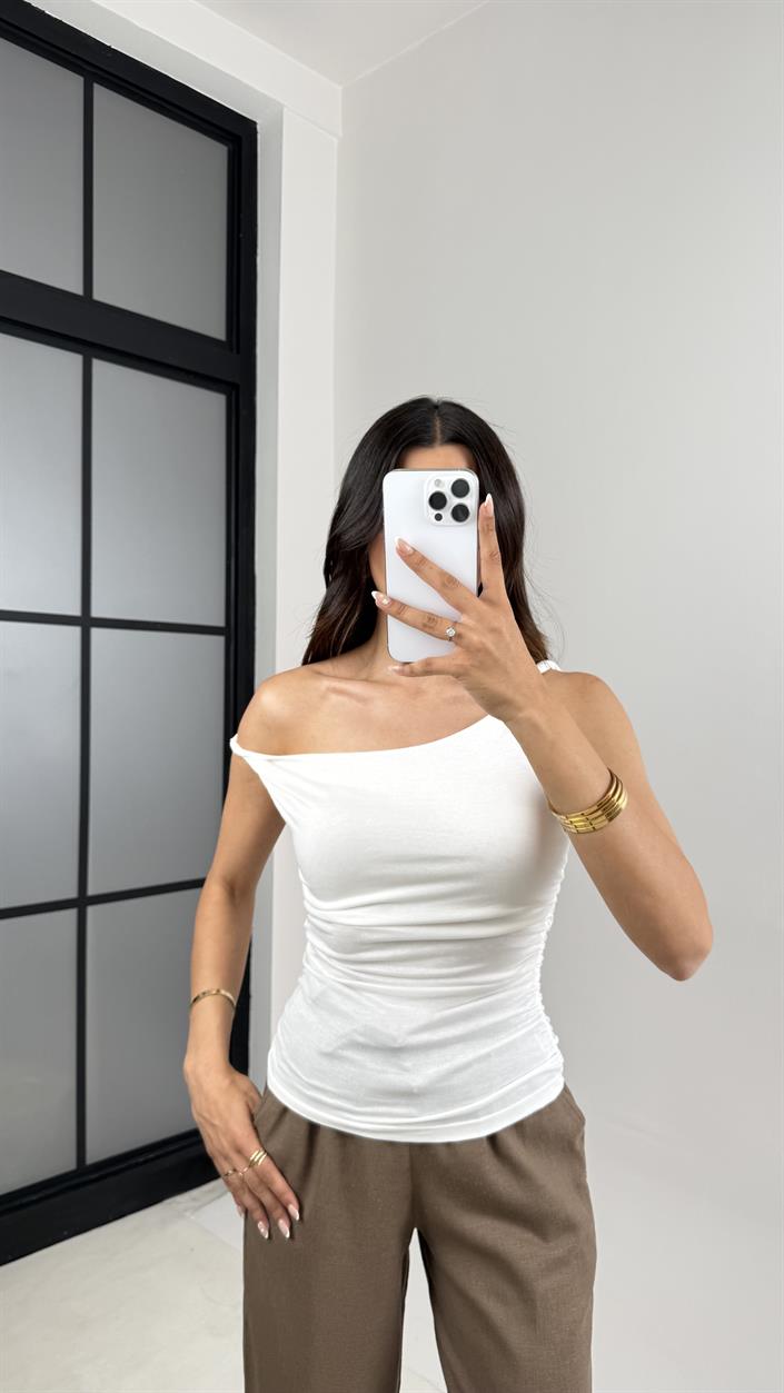 Beyaz Burgu Askılı ZR Muadil Astarlı Bluz Gaus00622