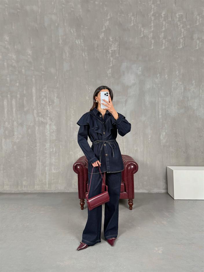 Tasire Lacivert Yaka Fırfır Detaylı Kuşaklı Gömlek Pantolon Denim Takım