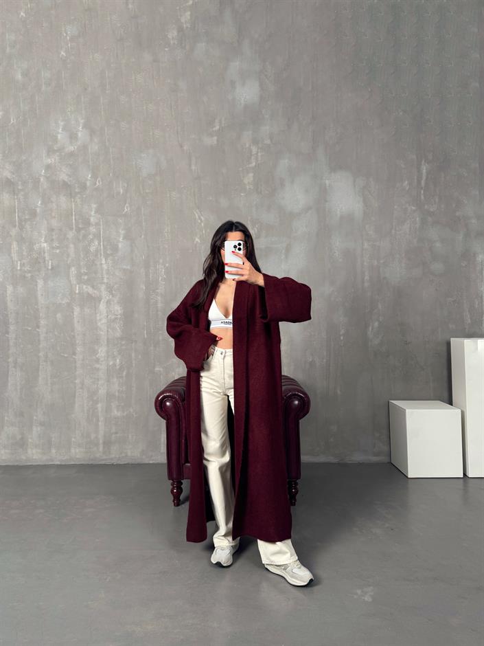 Nivera Bordo Oversize Premium Uzun Hırka