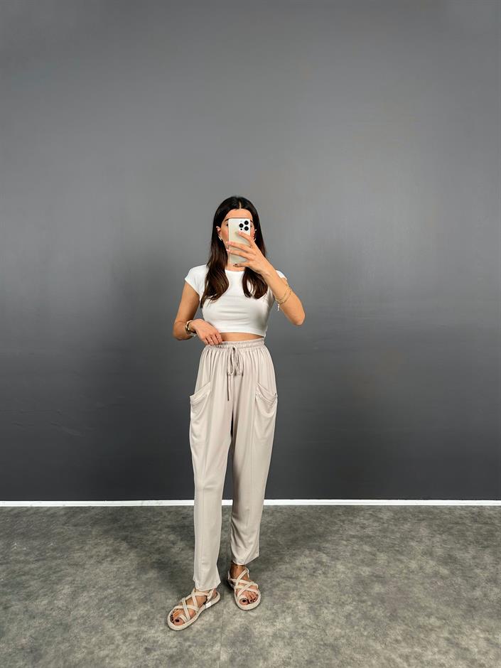 Pilea Beli Lastikli Önden Cepli Rahat Kumaş Taş Şalvar Pantolon