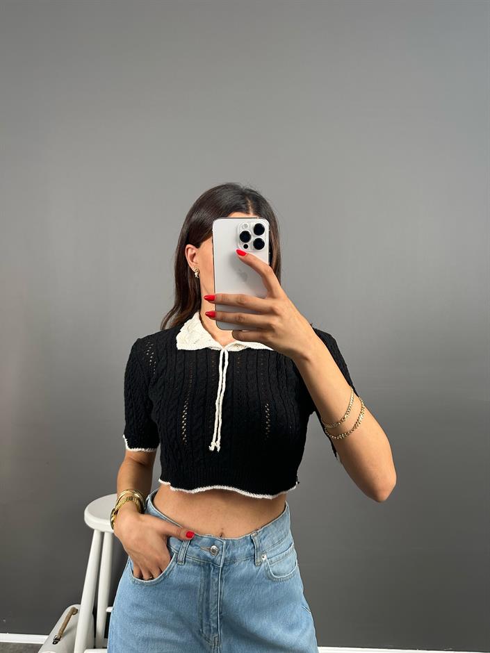 Cao ZR Model Siyah Bebe Yaka Kısa Kol Triko Crop