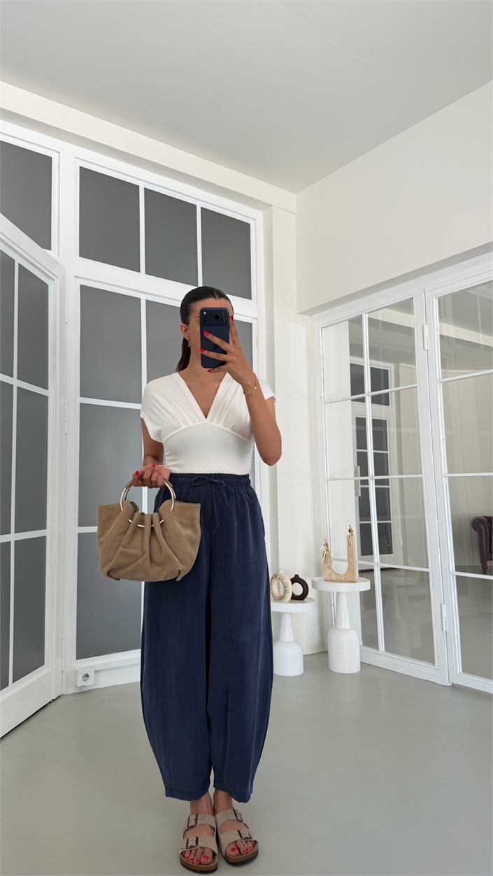 Lacivert MD Muadil Beli Lastikli Tencel Pantolon GAUS-01848