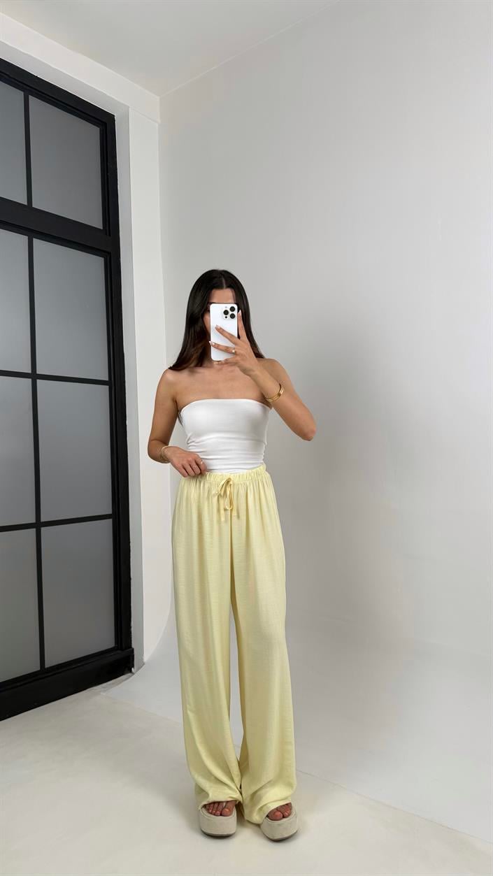 Sarı Beli Lastikli Çilek Kumaş Pantolon Gaus00571
