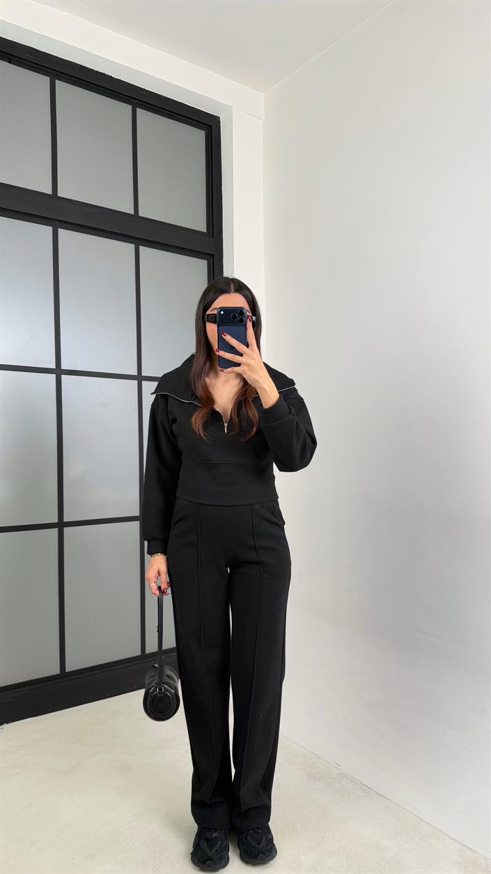 Siyah Fermuarlı Kazak Beli Lastikli Pantolon İkili Selanik Kumaş Takım GAUS-00781