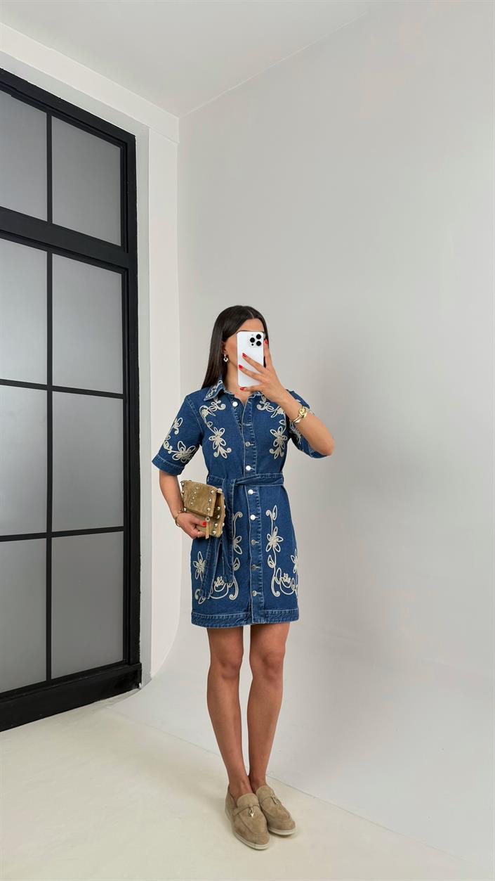 Lacivert Nakışlı Kuşaklı Tasarım Denim Elbise Gaus00470