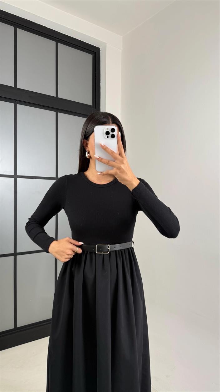 Siyah Uzun Kol Beli Lastikli Kemerli Elbise GAUS-01214