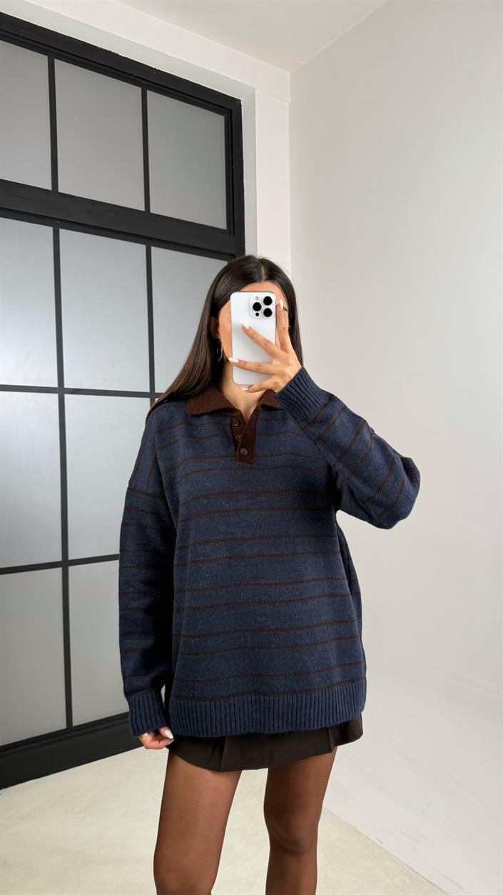 Lacivert Polo Yaka Çizgili Triko Kazak GAUS-00601