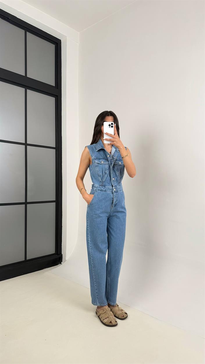 Mavi Sıfır Kol Önü Düğmeli ZR Muadil Denim Tulum Gaus00438