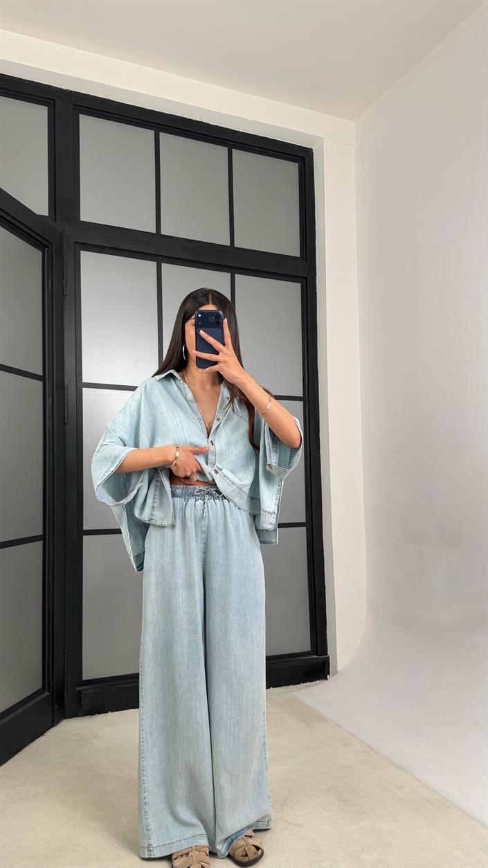 Açık Mavi Yarasa Kol Gömlek Beli Lastikli Pantolon Tencel Denim Takım GAUS-01539
