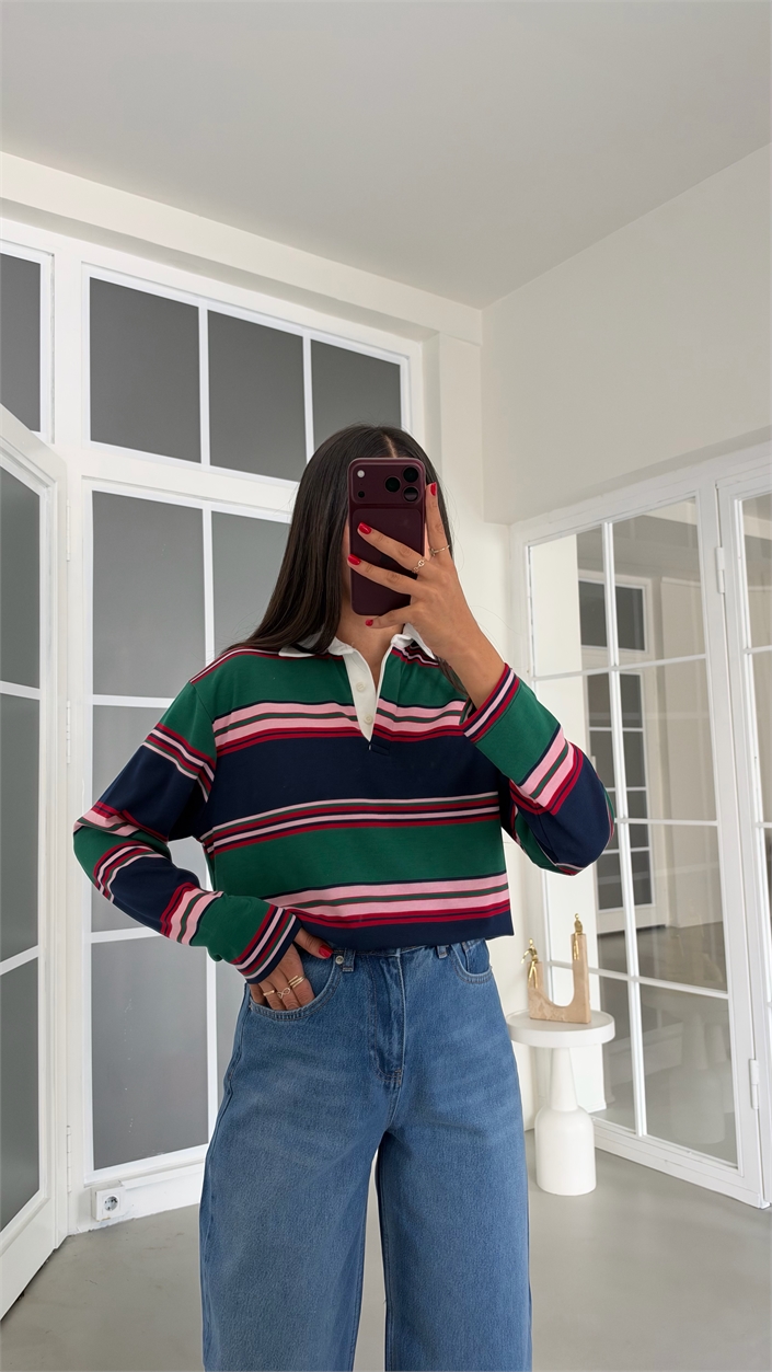 Çok Renkli Polo Yaka Şeritli Kazak GAUS-02222
