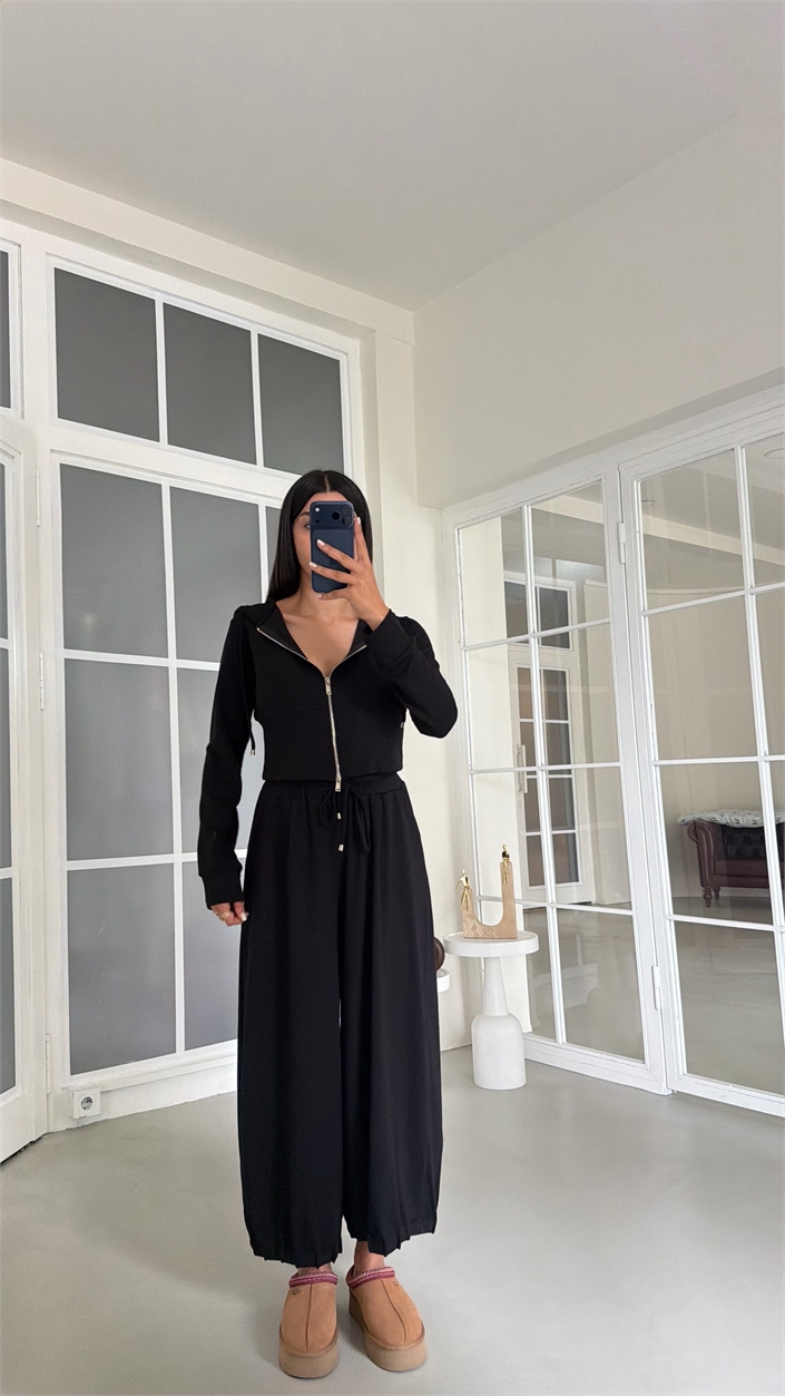 Siyah Kapüşonlu Hırka Beli Lastikli Geniş Paça Pantolon İkili OYS Modal Kumaş Takım GAUS-02152
