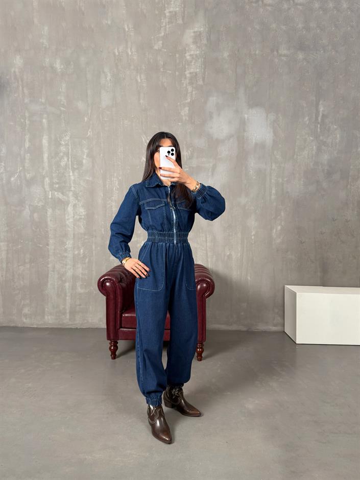 Setre Mavi Önden Fermuarlı Denim Tulum