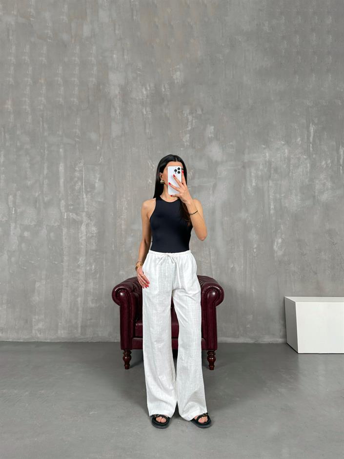 Beyaz Beli Lastikli Keten Pantolon Gaus00156