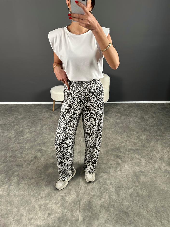 Armes Siyah Beyaz Leoparlı Parlak Saten Pantolon