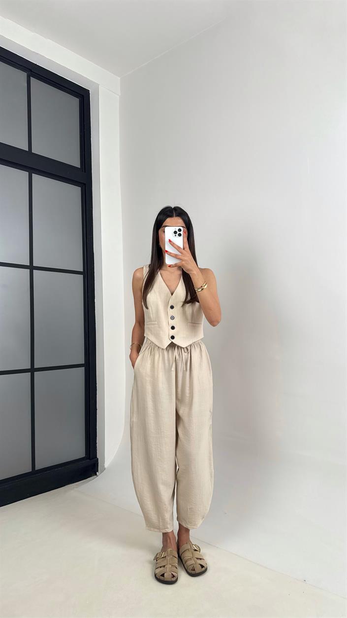 Taş Astarlı Yelek Balon Pantolon Çilek Kumaş Takım Gaus00501