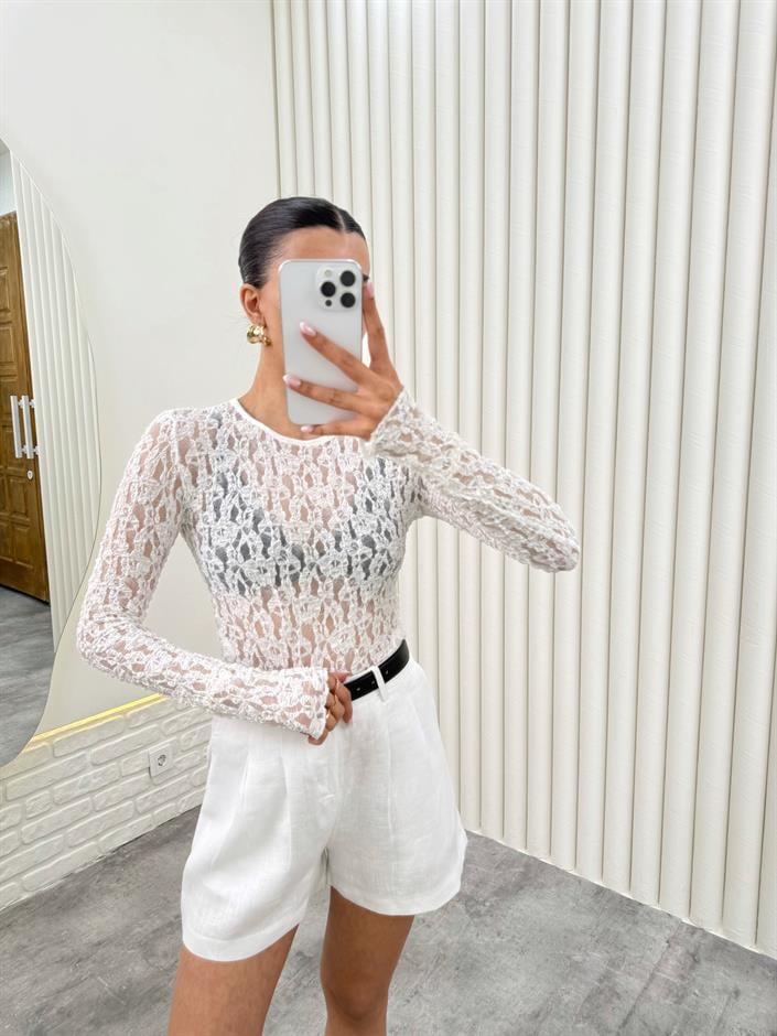 Beyaz Uzun Kol Dantelli Transparan Bluz Gaus00288