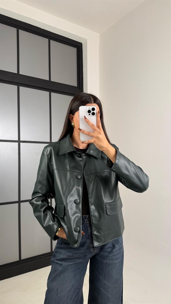 Haki Astarlı Cep Detaylı Deri Ceket GAUS-00339