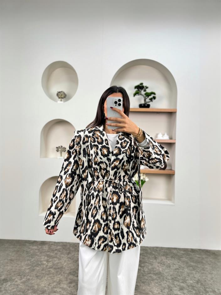 Zena Leopar Desenli Astarlı Bağlamalı Premium Ceket