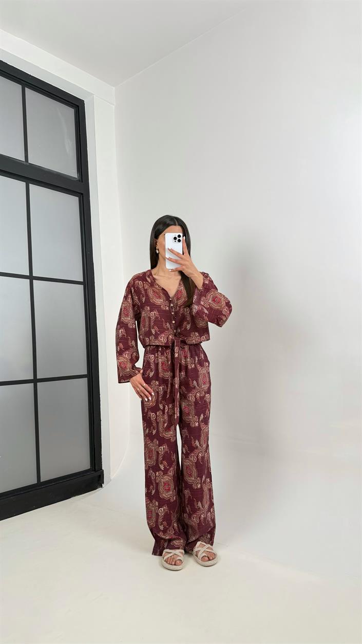 Mürdüm V Yaka Önü Düğmeli Üst Beli Lastikli Pantolon Etnik Desen Takım Gaus00362