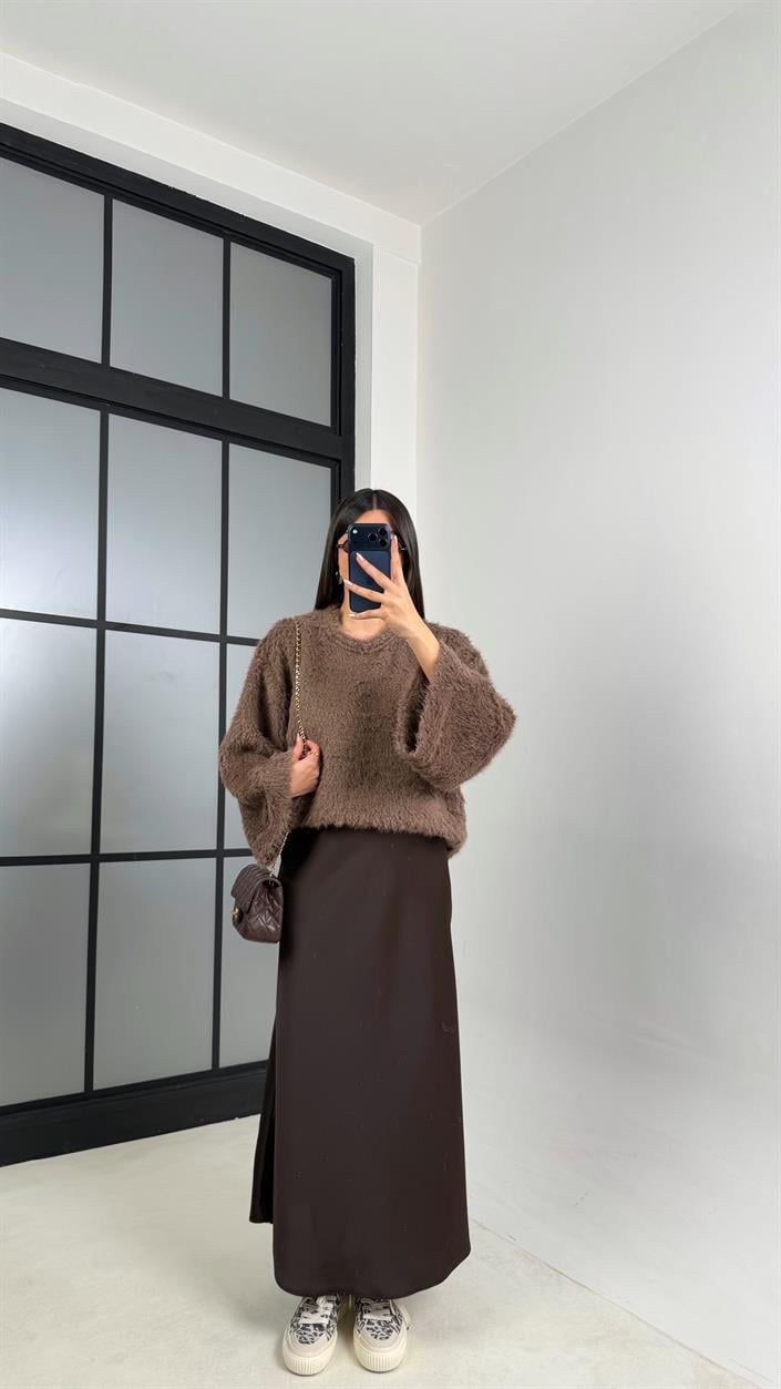 Acı Kahve Beli Lastikli Saten Etek GAUS-00819