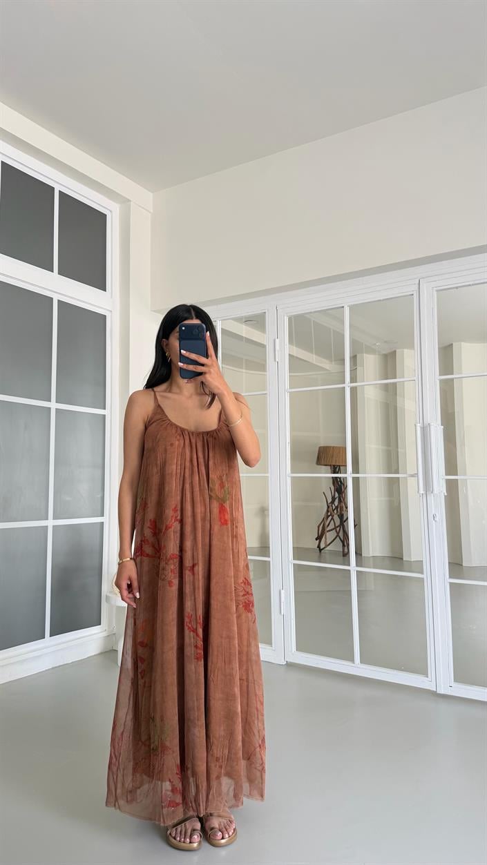 Taba Ayarlanabilir Askılı Astarlı Desenli Elbise GAUS-01642