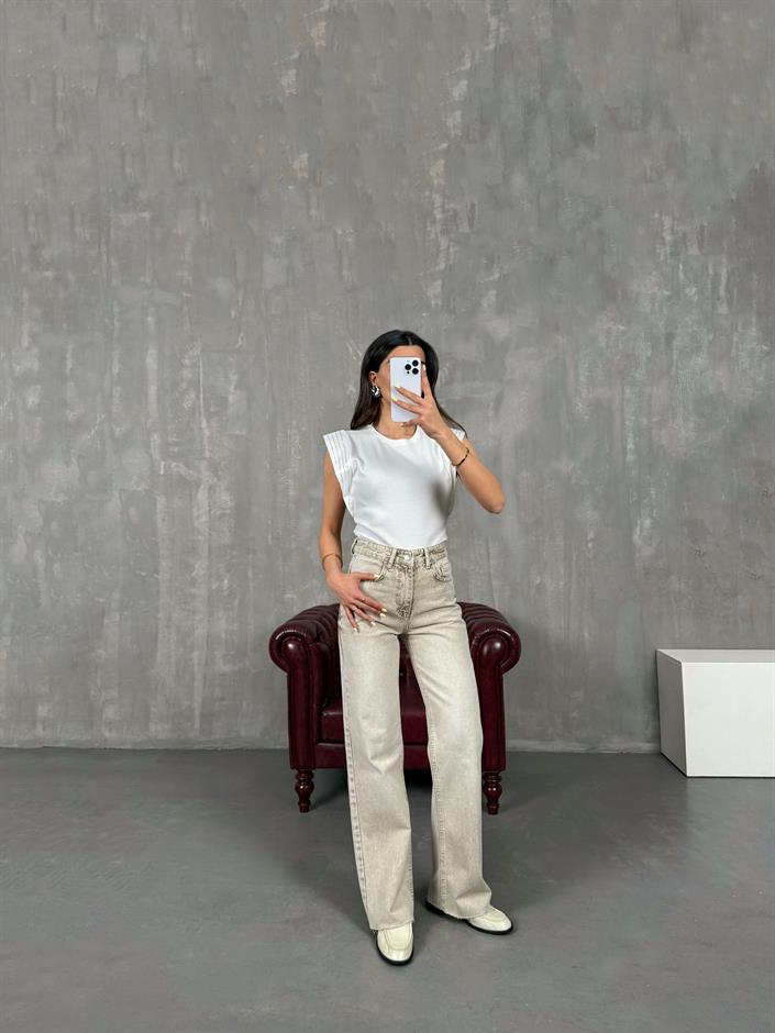 Bej Yıkamalı Wide Leg Kesik Paça Jean Gaus00110