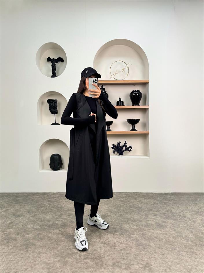 Espe Siyah Premium Astarlı İkili Sihirli Trençkot