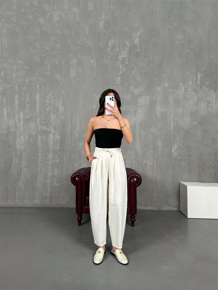 Vetra Krem Önden Bağlama Detaylı Havuç Model Şalvar Pantolon