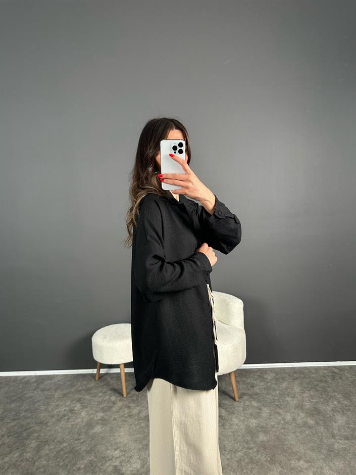 Daria Siyah Keten Oversize Gömlek