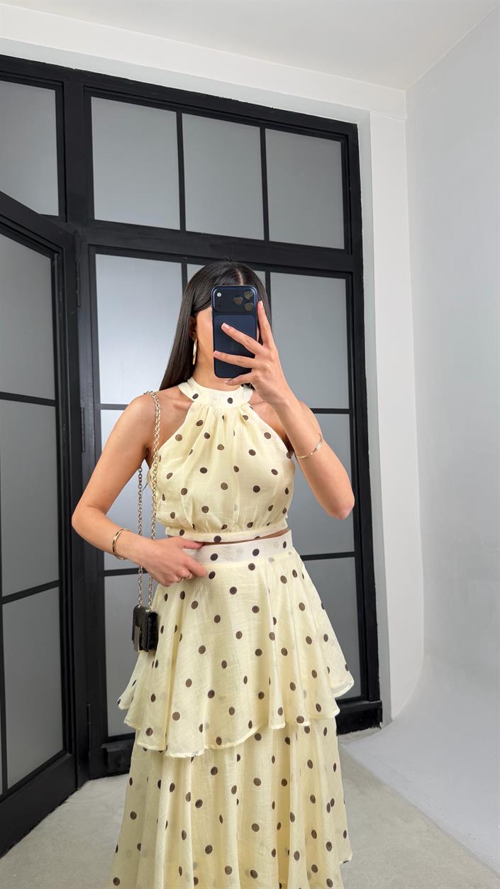 Soft Sarı Crop Katlı Volanlı Astarlı Etek Puantiye Desenli Takım GAUS-01428
