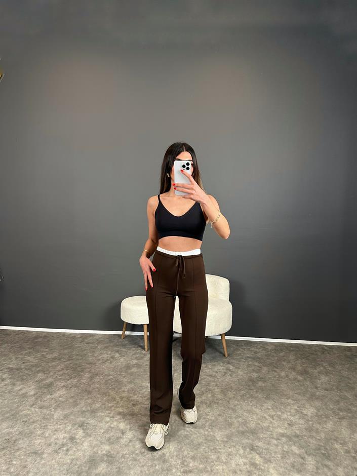 Maso Kahverengi Bel Detaylı Çımalı Likralı Pantolon