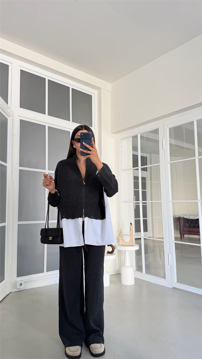 Antrasit Gömlek Detaylı Örme Hırka Beli Lastikli Cepli Pantolon İkili Triko Takım GAUS-02132
