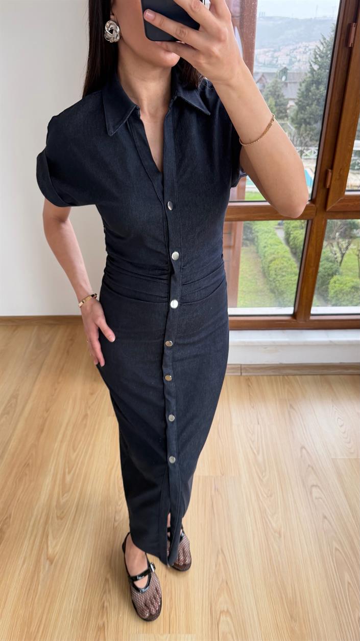 Lacivert Düğmeli Premium Denim Elbise GAUS-01315