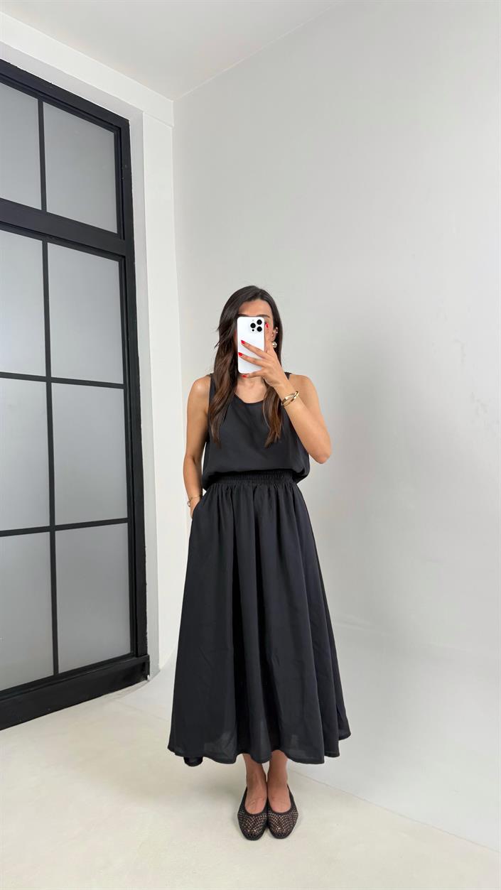 Siyah Bluz Beli Lastikli Etek İkili Kırışık Tencel Takım Gaus00522