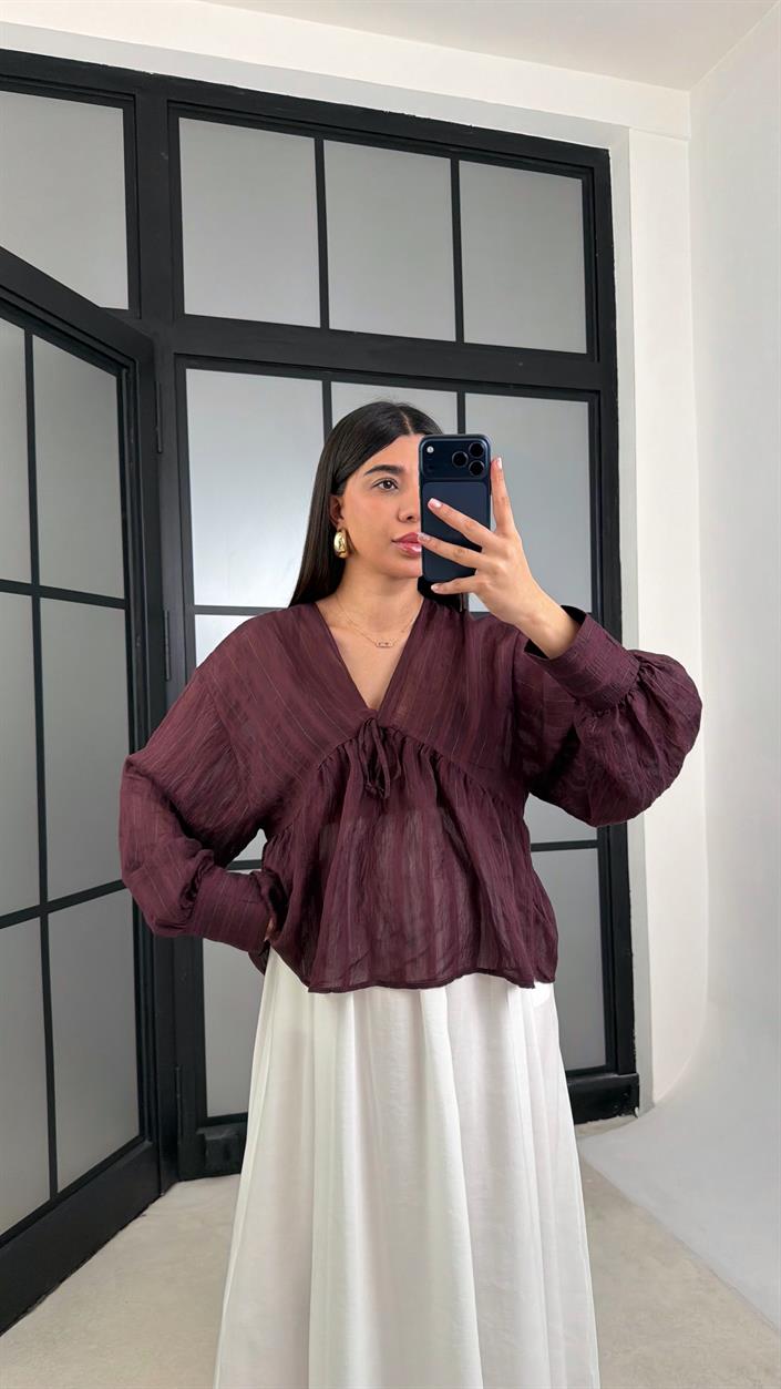 Mürdüm Balon Kol Transparan Gömlek GAUS-01201