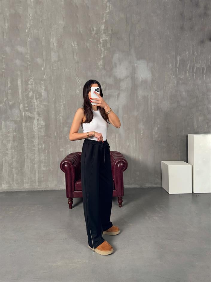 Brow Siyah Üç İplik Şardonsuz Fermuar Paçalı Eşofman Altı