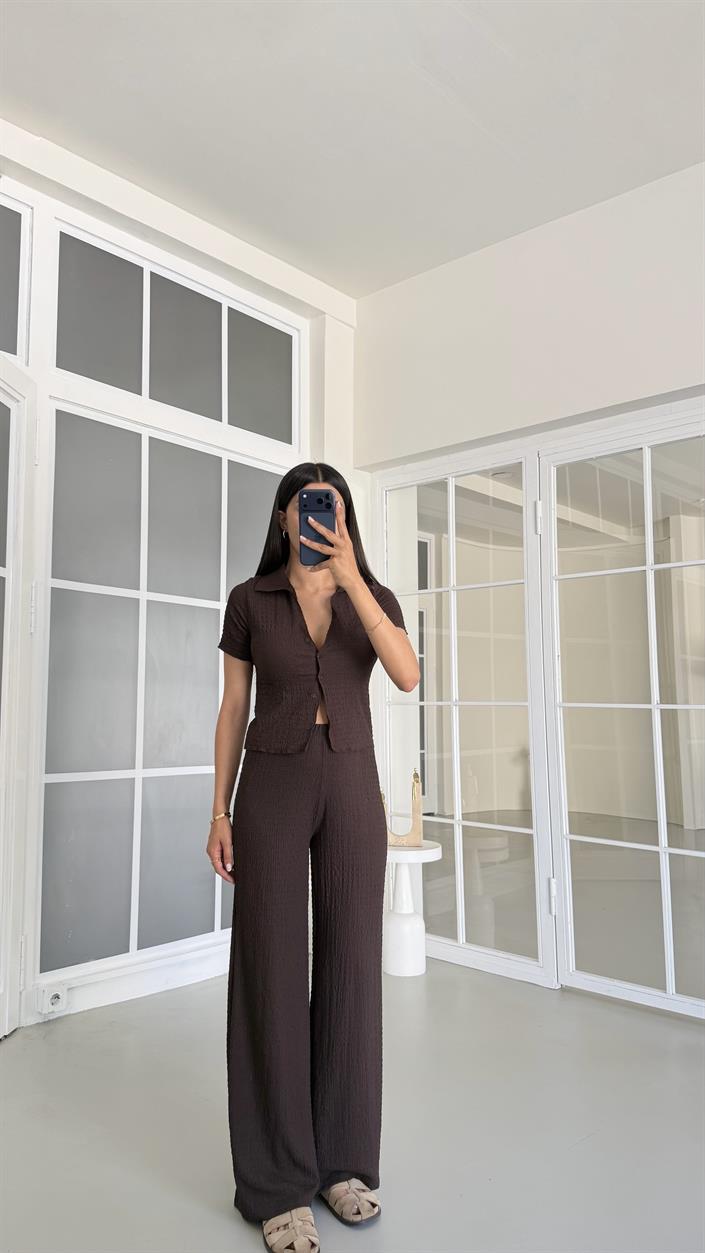 Acı Kahve Crop Bluz Beli Lastikli Pantolon Bürümcük Takım GAUS-01555