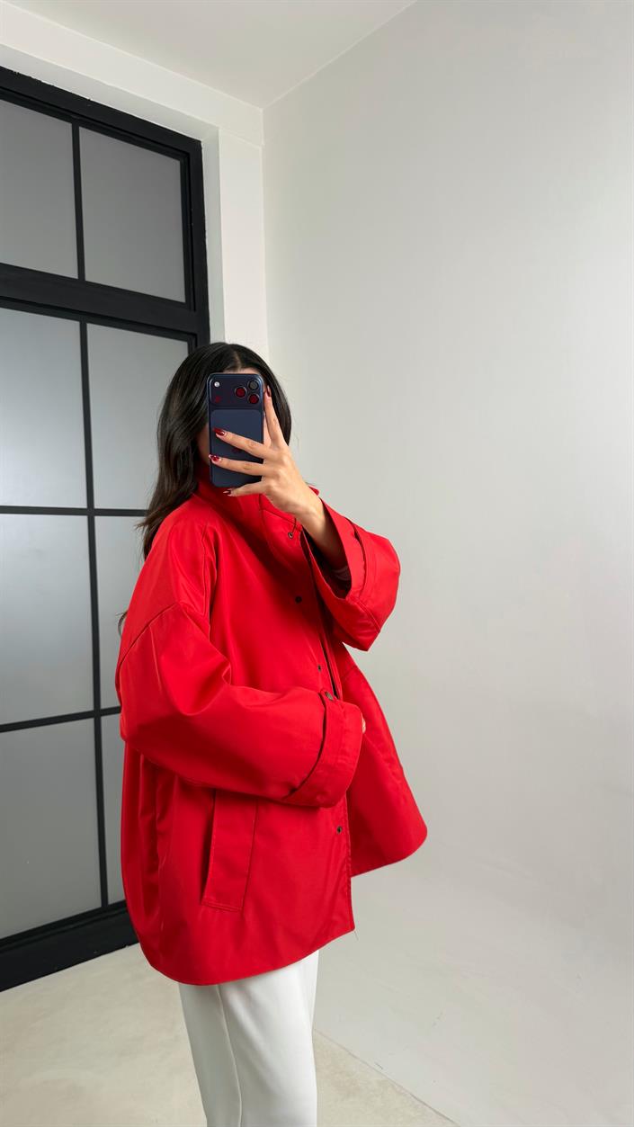 Kırmızı Çıtçıt Düğmeli Astarlı Oversize Premium Ceket GAUS-00794