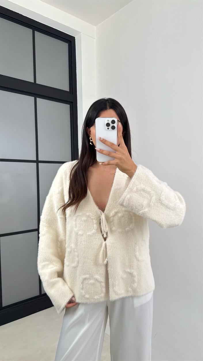 Ekru Önü Bağlamalı Premium Sakallı Hırka GAUS-0092